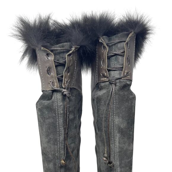 Henry Beguelin Knee High Taupe Leather Boots - Brown Gray - Fur Trim - Size 36.5 - Picture 6 of 12